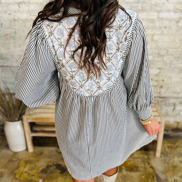 B264 Black Stripe Floral Patchwork Tied V Neck Shift Long Sleeve Mini Dress - Picture 6 of 14